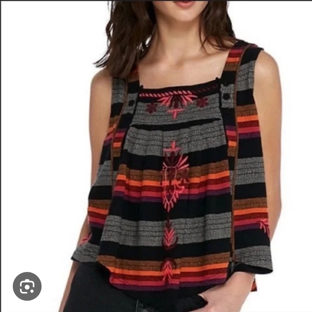 Free People Black and Pink Striped Embroidered Tank Top